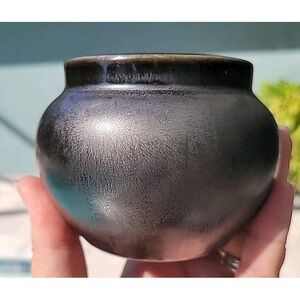 Vintage Hall Black Gunmetal‎ Round Ceramic Pot Vase 3" Tall Mid Century MCM EUC
